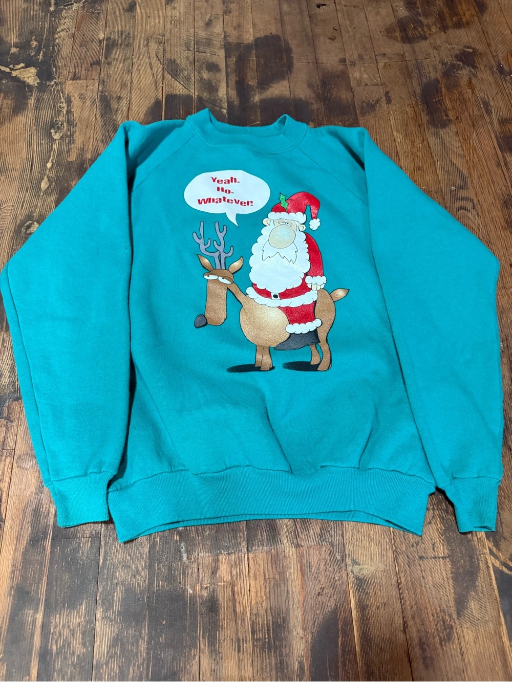 Vintage Hanes Santa Yeah Ho Whatever Funny Pull Over Sweater Size Large  Teal